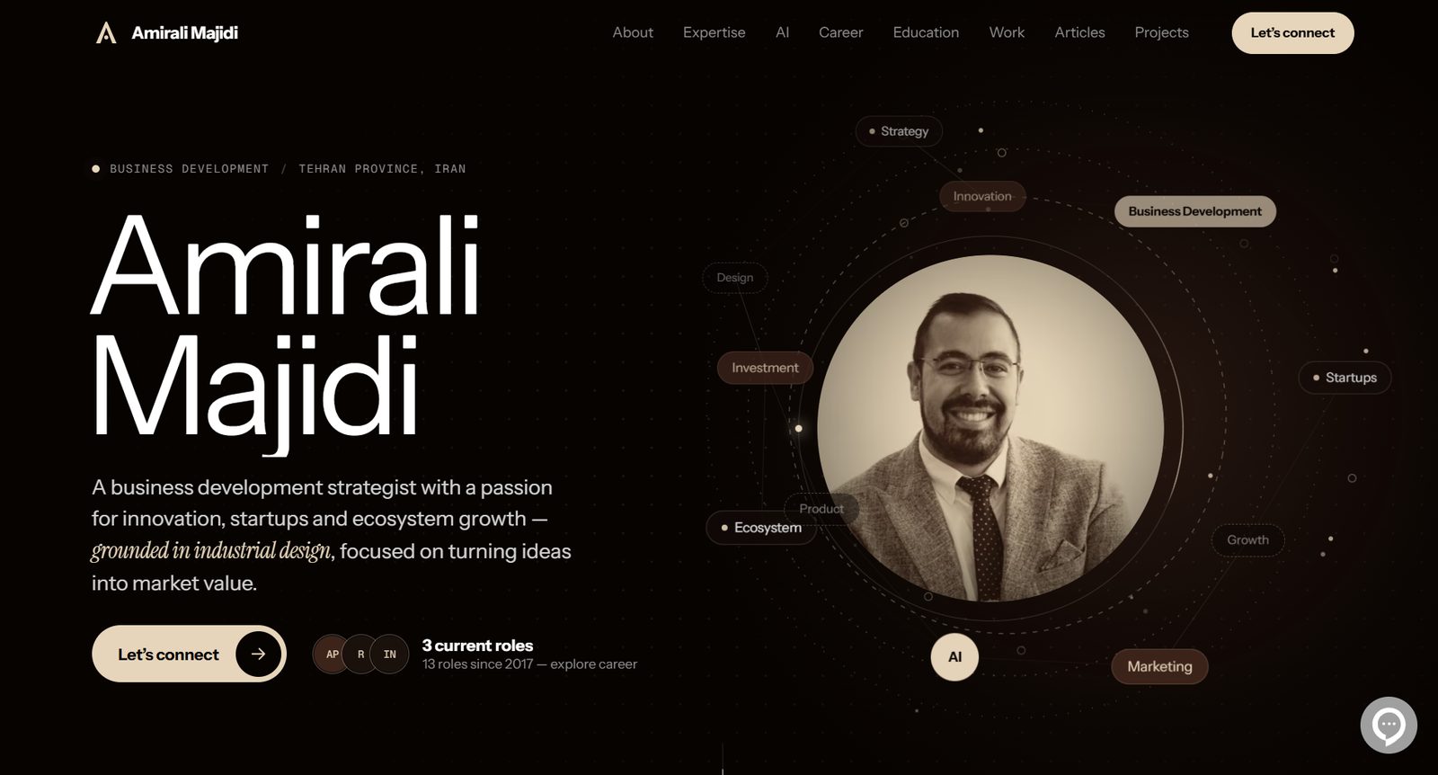 Homepage of amiralimajidi.ir: the name Amirali Majidi in large type beside a circular portrait surrounded by an orbit of focus areas such as Strategy, Investment, Ecosystem, AI and Marketing