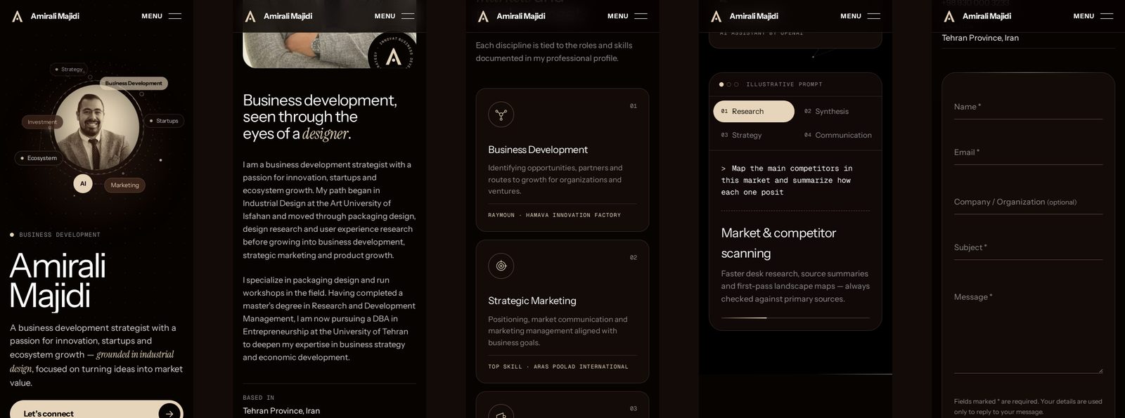 The same website rebuilt for a 390px mobile screen, shown as a row of phone layouts